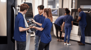 Jovem Aprendiz 2026 em Guarulhos: Alguns estudantes sorridentes sendo instruidos como aprendiz, após fazer treinamento na escola Easytraining, no bairro Pimentas. O fundo mostra instrutores ensinando