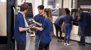 Jovem Aprendiz 2026 em Guarulhos: Alguns estudantes sorridentes sendo instruidos como aprendiz, após fazer treinamento na escola Easytraining, no bairro Pimentas. O fundo mostra instrutores ensinando