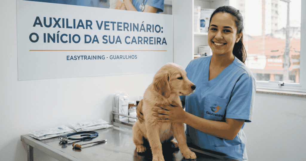 imagem mostra um cão de raça golden recebendo pré atendimento de um auxiliar veterinário, ao fundo placa da easytraining descreve o curso de auxiliar de veterinário como o inicio de uma carreira promissora