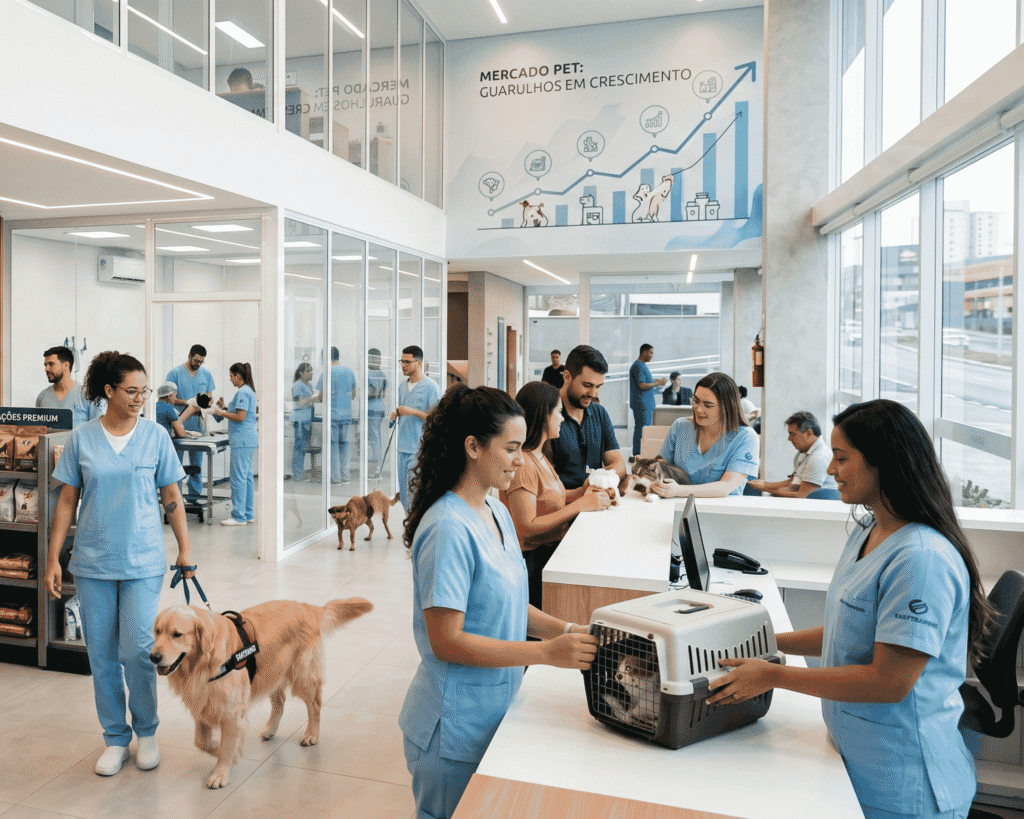 iamgem descreve clinica moderna com auxiliares de veterinario efetuando pré atendimento de clientes