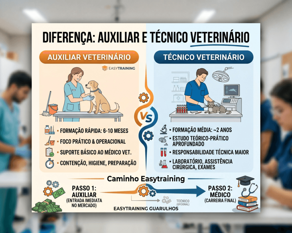 Descrição Visual: Transformei a tabela de comparação em um infográfico horizontal com o título: "MEDICINA VETERINÁRIA: ENCONTRE SEU CAMINHO". Ele é dividido em três colunas claras com ícones modernos:Coluna 1 (Easytraining): Destaca o curso auxiliar veterinário com ícones de certificado, rapidez (cronômetro) e o foco prático. O texto inclui: "DURAÇÃO: 6-10 MESES", "INVESTIMENTO: ACESSÍVEL".Coluna 2: Mostra o Técnico.Coluna 3: Mostra a Faculdade.
A imagem usa as cores da marca (azuis e laranjas) e é extremamente escaneável.
