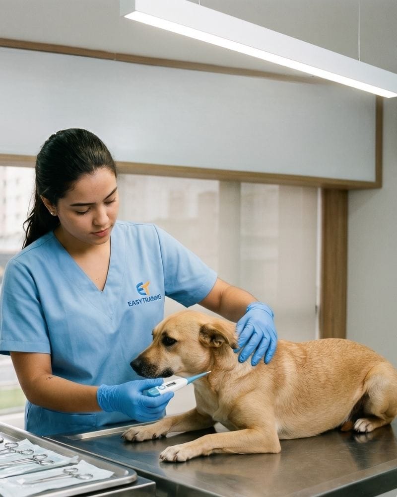Imagem mostra um auxiliar veterinário medindo a temperatura de um cão em pré atendimento demonstrando umas das atividades do auxiliar de veterinário