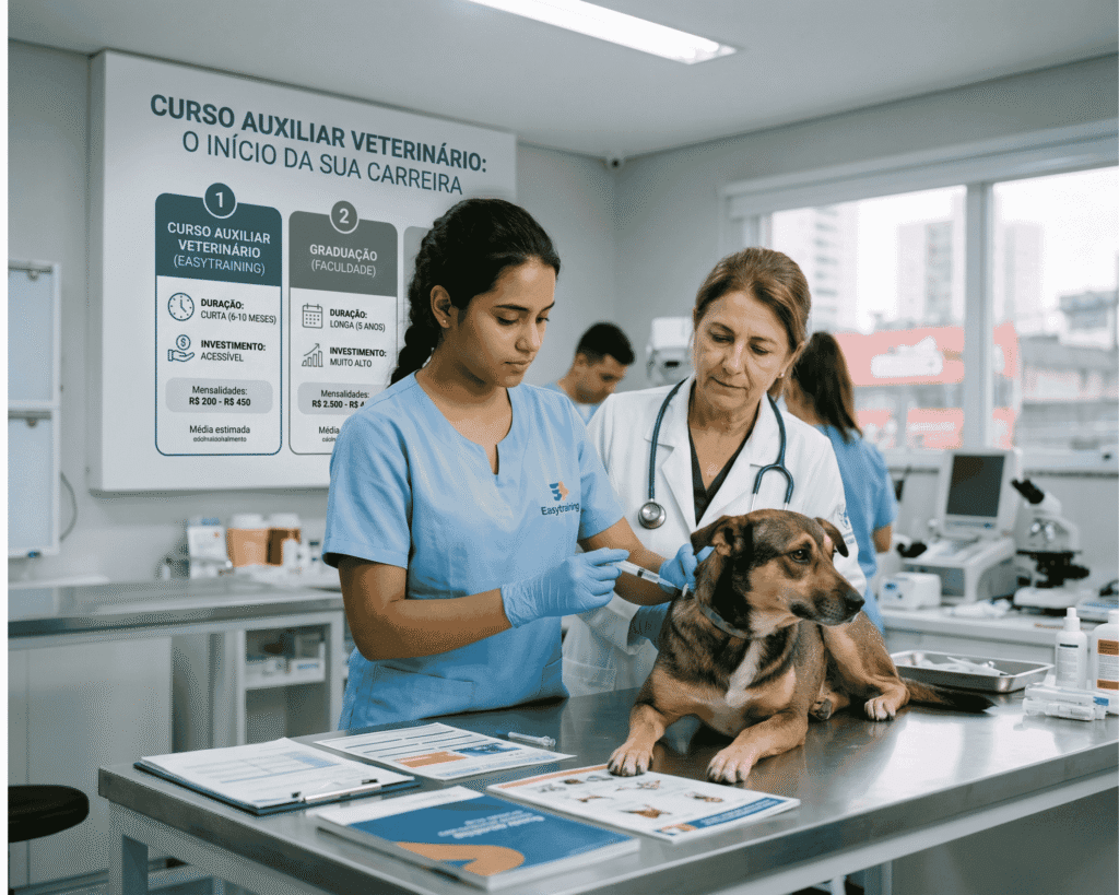 auxiliar veterinário efetuando pré atendimendo em cão em mesa cirugica supervisionado por médica veterinária